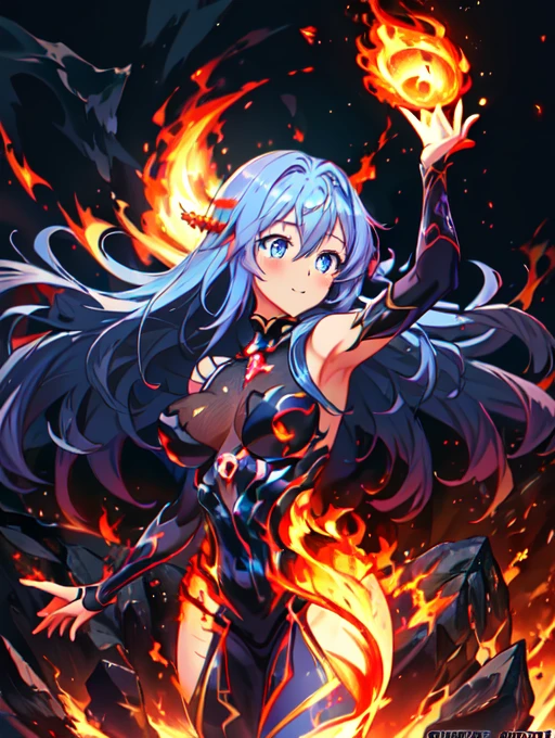 best quality, masterpiece, highres, detailed, perfect anatomy, (1girl, blue hair, long hair, mature female, blue eyes, medium breasts, coralVanguard), <lora:Detail - add_detail:0.2>, cowboy shot, happy, blush, <lora:Character - CoralV4:0.6>, <lyco:Change - FlameElement:0.8>, FlameChange, fire, rocks, lava, molten rock, body on fire, fire body,