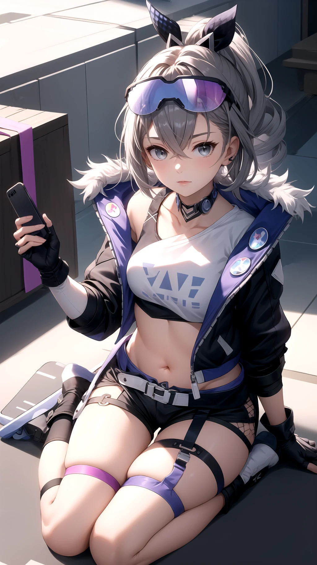 masterpiece, best quality, SilverwolfV5, 1girl, solo, looking at viewer, shirt, gloves, holding, sitting, jacket, shorts, choker, black gloves, fingerless gloves, black jacket, short shorts, thigh strap, phone, black shorts, goggles, eyewear on head, goggles on head, wariza, <lora:Sv5:0.8>