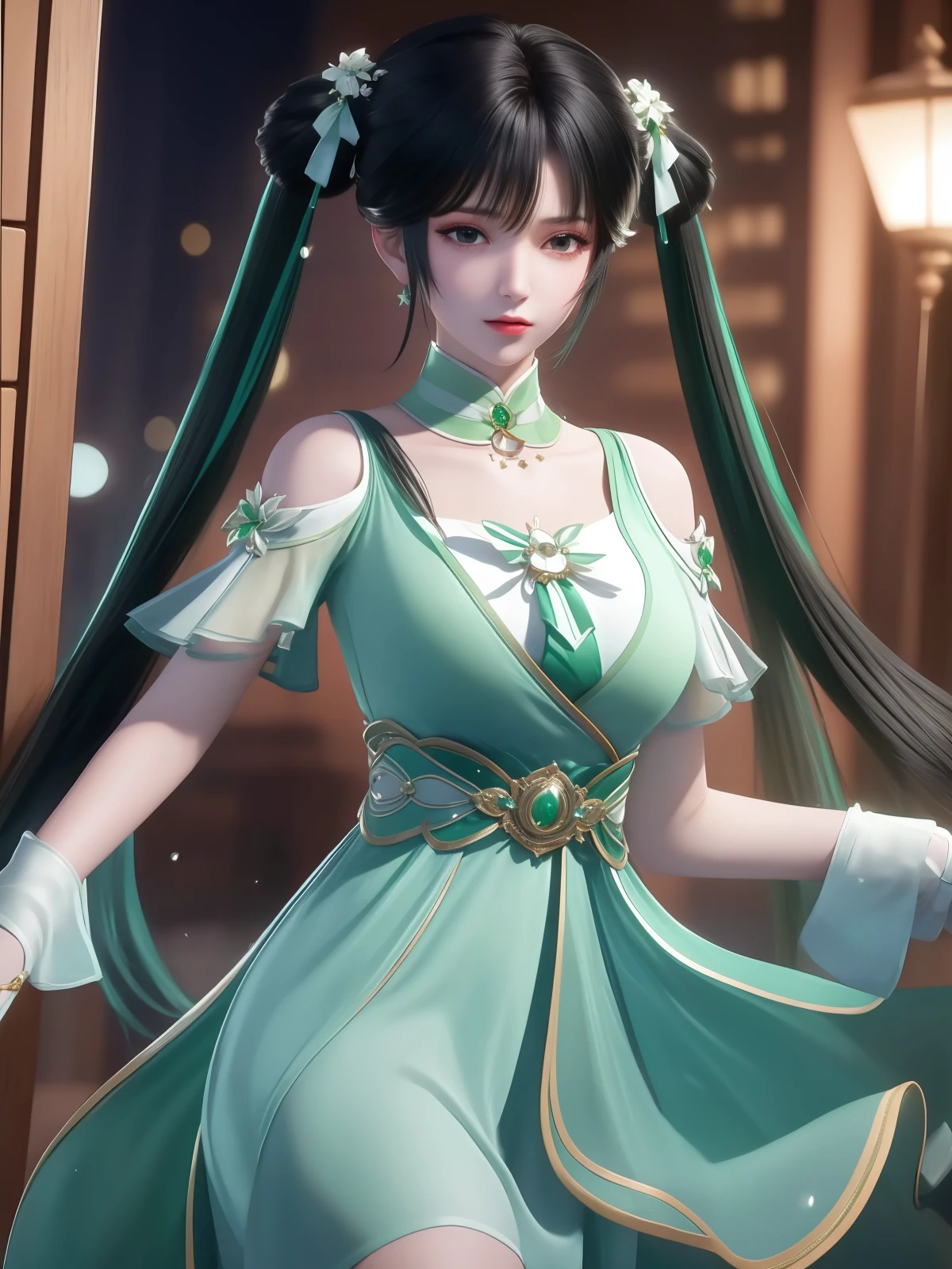 <lora:ZXbiyao_20230802211004:0.78>,1girl,cityscape,night,looking at viewer,hair ornament,twintails,white green dress,collar,clothing cutout,jewelry,shirt,trim,belt,shoulder cutout,choker,black hair,aged down,cowboy shot,obi,