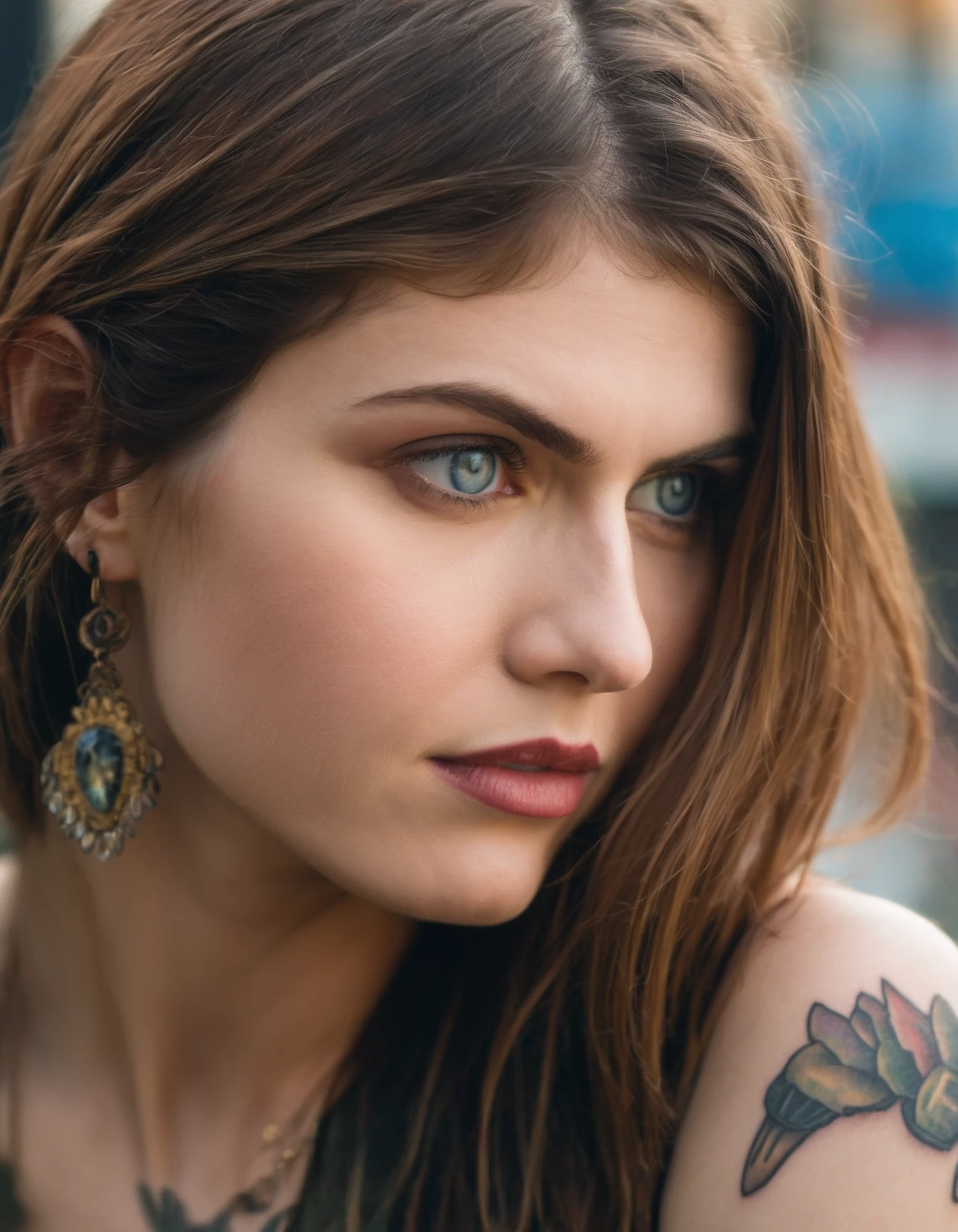 professional close-up portrait photography of the face of a beautiful ((ohwx woman)) <lora:daddario_lora_sdxl_v1-000008:1> at tattoo parlor during Golden Hour, Nikon Z9