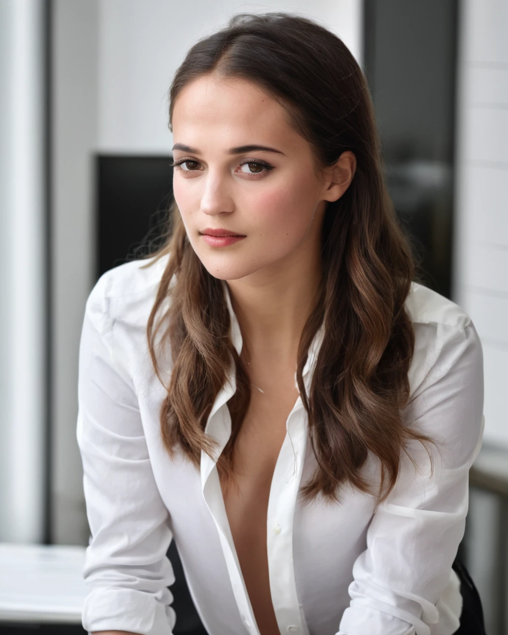 a office secretary ,dressed in a white male shirt and (black office skirt) and (black hold-ups), sunlight, RAW photo, full sharp, detailed face (high detailed skin:1.2), 8k uhd, dslr, soft lighting, high quality, Fujifilm XT3,alicia_vikander,<lora:AliciaVikanderXL:1>, ((sharp face, detailed face, realistic face, naturtal skin, realistic skin, detailed skin, pores, sharp eyes, detailed eyes,realistic eyes)),