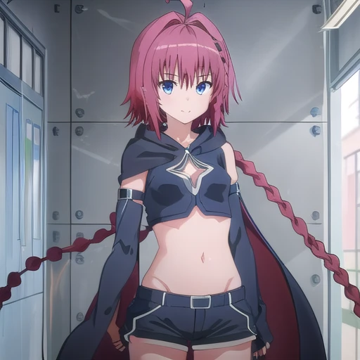 (masterpiece, best quality:1.2),illustration,8k,hd,cowboy shot,1girl,long_hair,breasts,smile,blue_eyes,hair_ornament,navel,very_long_hair,standing,purple_eyes,braid,ahoge,red_hair,small_breasts,boots,detached_sleeves,shorts,midriff,stomach,crop_top,short_shorts,clothing_cutout,thigh_strap,black_shorts,cleavage_cutout,blue_footwear,black_sleeves,waist_cape,fingerless_gloves,<lora:Kurosaki Meia-Fighting V1:0.9>,