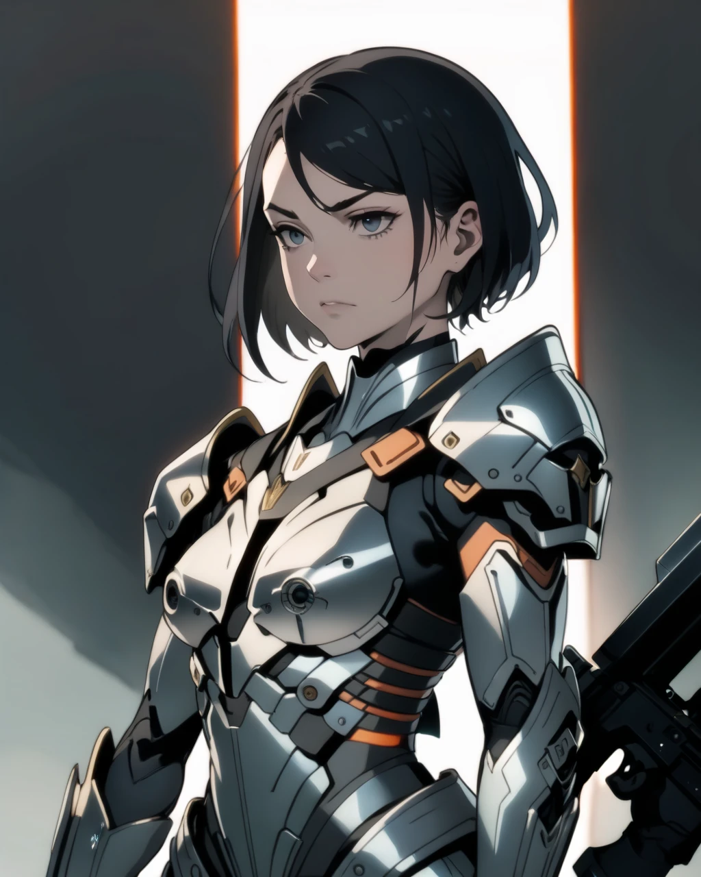 (1girl), upper body, holding weapon, armor