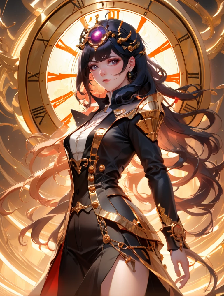 (masterpiece, best quality), anime, anime style, illustration, , of a female, dressed as a Time Manipulator, with black hair, with a female , wearing a horns, portrait, stood, concept art, cinematic, volumetric lighting, highly detailed, 8k