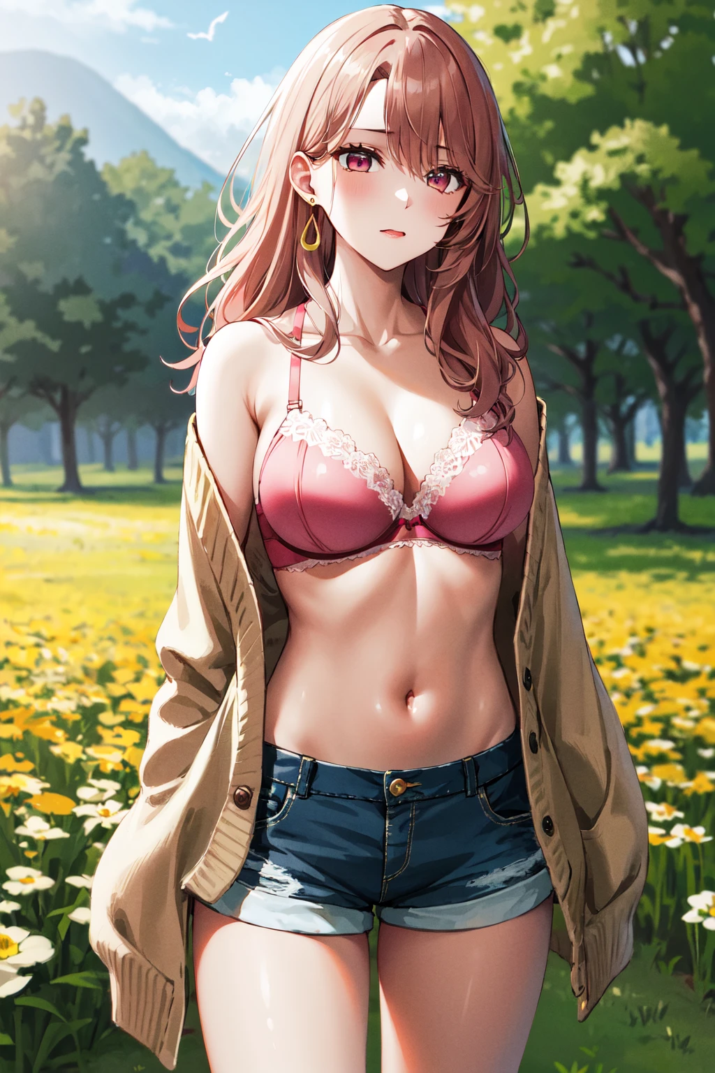 masterpiece, best quality, highres, aamiyako, long hair, jewelry, earrings, <lora:saitou_miyako_v1:0.7>, pink bra, cardigan, short shorts, outdoors, field,