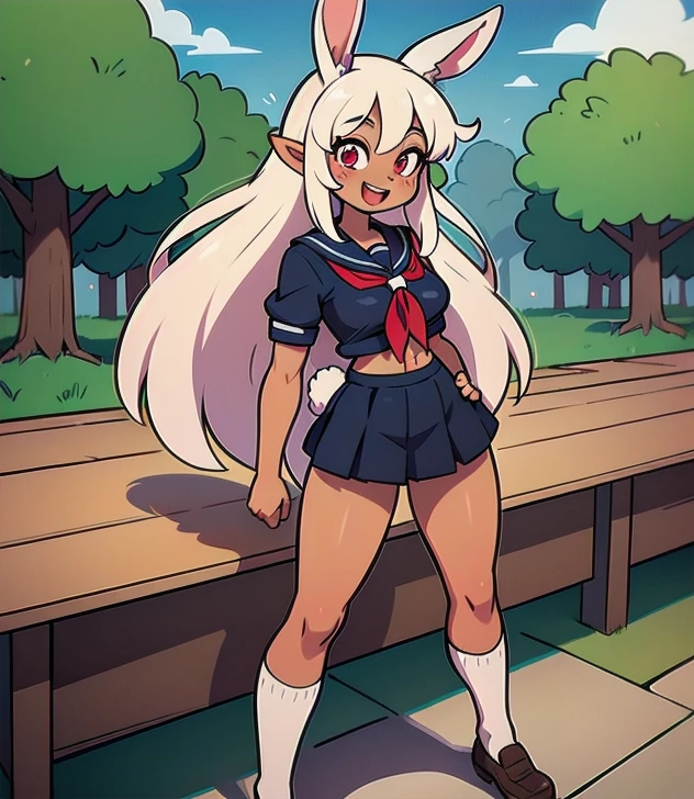 ((masterpiece)), (best quality), official art, extremely detailed CG, unity 8k wallpaper, ultra detailed, highly detailed, detailed background,
mirko mha, 1girl, solo, dark-skinned female, dark skin, rabbit girl, muscular female, animal ears, rabbit ears, muscular, abs, red eyes, long eyelashes, large breasts, superhero, white hair, very long hair, parted bangs,
blush, smile, :d, open mouth,
school uniform, serafuku, (baggysocksplain:1.3),
(skiny:1.2), (thin thighs:1.2), full body, in the park,
<lora:mirko:0.8>, <lora:baggysocksplain:1>