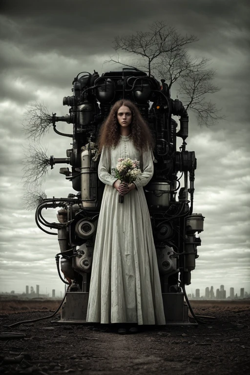 barnum-ambrotype scenery, portrait full body( sensitive 1 woman:1.2), looking deeply at camera, long curly light hair, , white attire, holding cut thorny blossoming carnivorous plant, lively eyes, in background scenery surreal scifi city, beautiful and ominous, at distance construction cracked broken metal scifi (intricate hydraulic engine device:1.3), metal pipes, valves, pbr texture, grit, stains, rust , cracks in asphalt, mist, cloudy sky