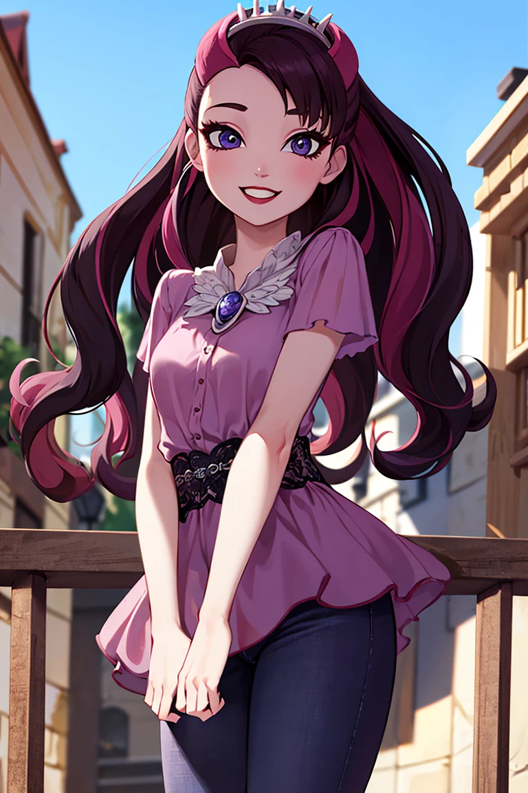 ((masterpiece,best quality)), absurdres,
<lora:Raven_Queen_EAH:0.6>, Raven_Queen_EAH,  pink shirt, black demin jeans, 
solo, smiling, looking at viewer, cowboy shot,
cinematic composition, dynamic pose,