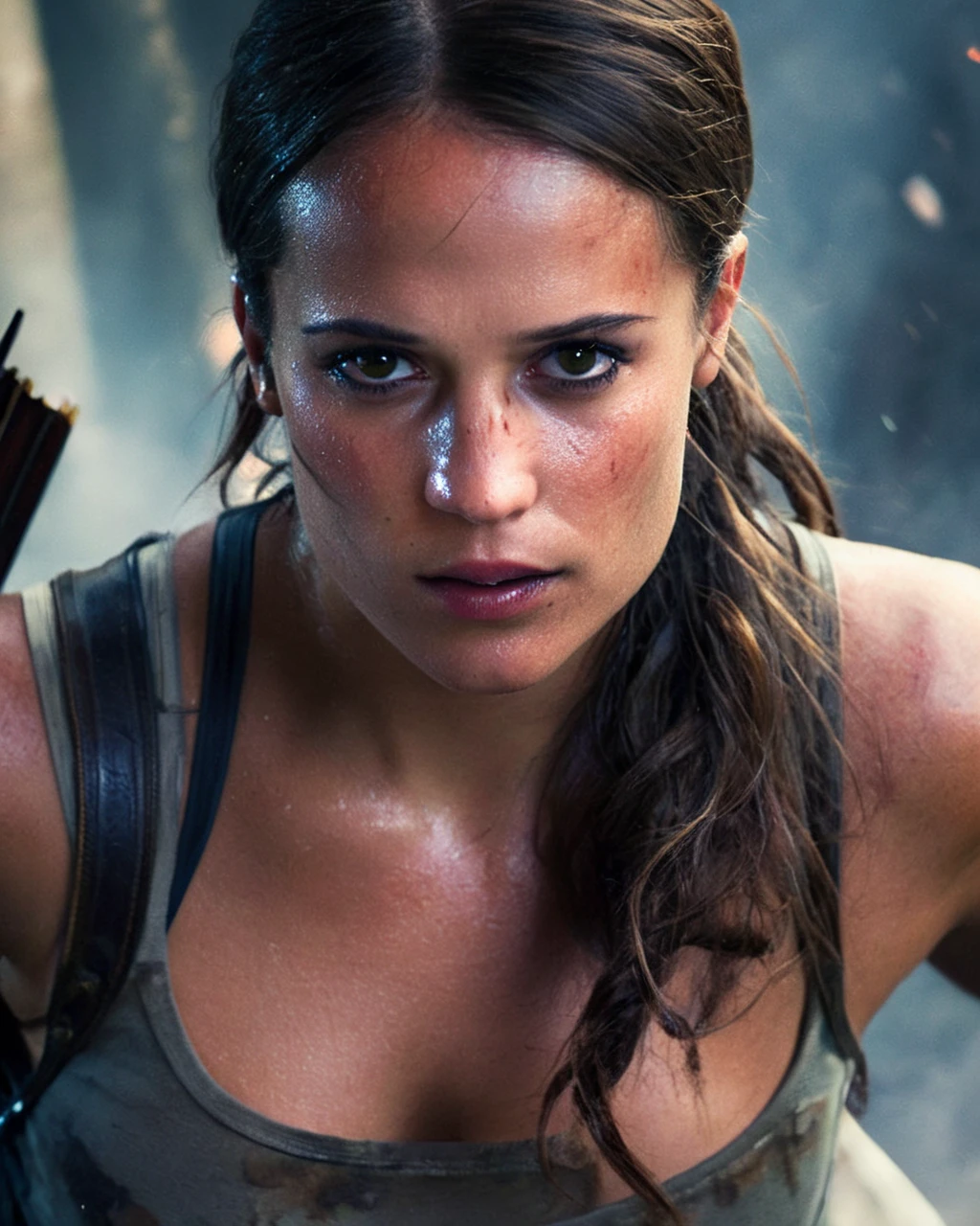 alicia_vikander as Lara croft, tomb raider, exploring ancient ruins, military shirt, leather jacket, covered in dust, dusty skin, fire, smoke, fog, night, dust, destroyed buildings, light effects, swirling light around the character, depth of field,light particles,magic circle, ash particles, dulux, ,<lora:AliciaVikanderXL:1>, ((sharp face, detailed face, realistic face, naturtal skin, realistic skin, detailed skin, pores, sharp eyes, detailed eyes,realistic eyes)),