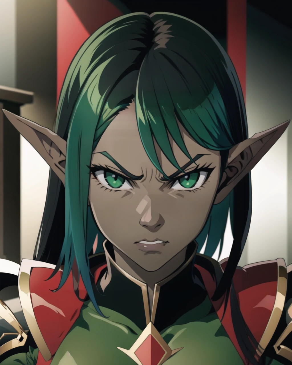 1girl, dark skin, pointy ears, elf, green hair, (dark eyes:1.2), upper body, face focus, shaded face, leather armor, high details, jewelry, angry, masterpiece, best quality,