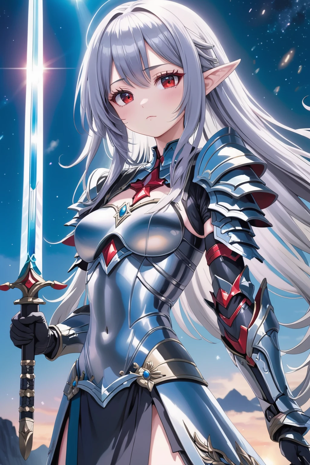 masterpiece, kawaii, anime, moe, aesthetic, extremely beautiful,
1girl, solo, standing, (holding sword:1.5), front view, looking at viewer, from below, close up,
silver hair, straight hair, long hair, blunt bangs, red eyes, determined, serious,
large breasts, holy knight, armor dress,
scenery, mountain, fantasy, midnight, night sky, sparkles, light particles, glowing light, bloom, ambient occlusion,
best quality, extremely high quality, high quality, ultra quality