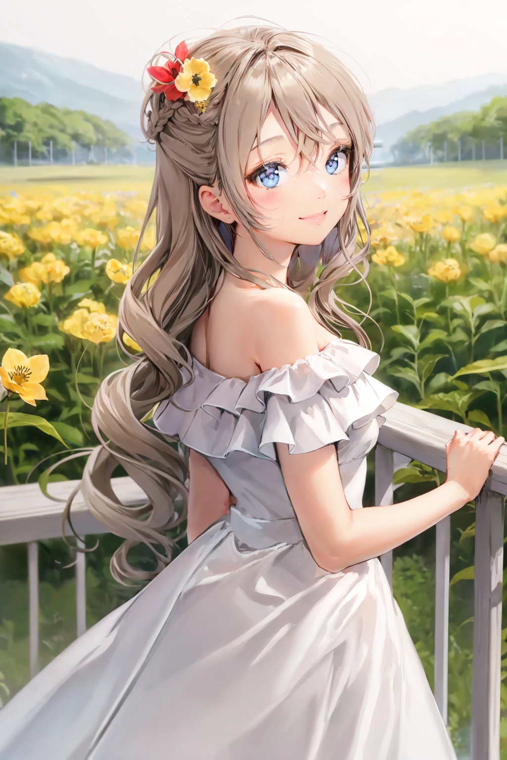 (best quality), (masterpiece), (ultra detailed), (highres), production art, 1girl, flower, dress, blue eyes, solo, bug, long hair, butterfly, yellow flower, white dress, off-shoulder dress, hair ornament, blush, hair flower, braid, bare shoulders, looking at viewer, railing, smile, bangs, off shoulder, plant, closed mouth, purple flower, collarbone, brown hair, bird, animal, hair between eyes, very long hair, blue flower, frilled dress, wavy hair, red flower, outdoors, frills <lora:anmiV3:1>