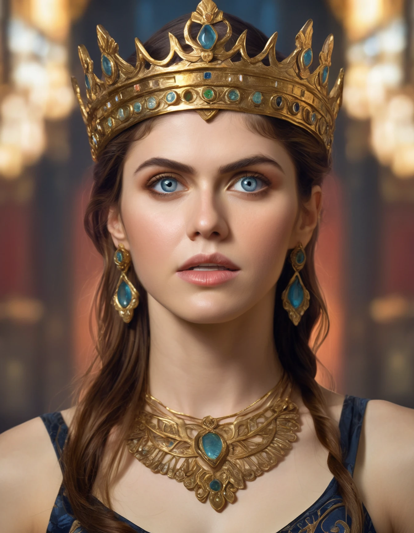 highly detailed portrait of (ohwx woman) <lora:daddario_lora_sdxl_v1-000008:1> as an elegant goddess, ornate crown, beautiful symmetrical face, digital painting, artstation, concept art, smooth, clear focus, illustration, greg rutkowski, artgerm, global lighting, detailed and fantasy