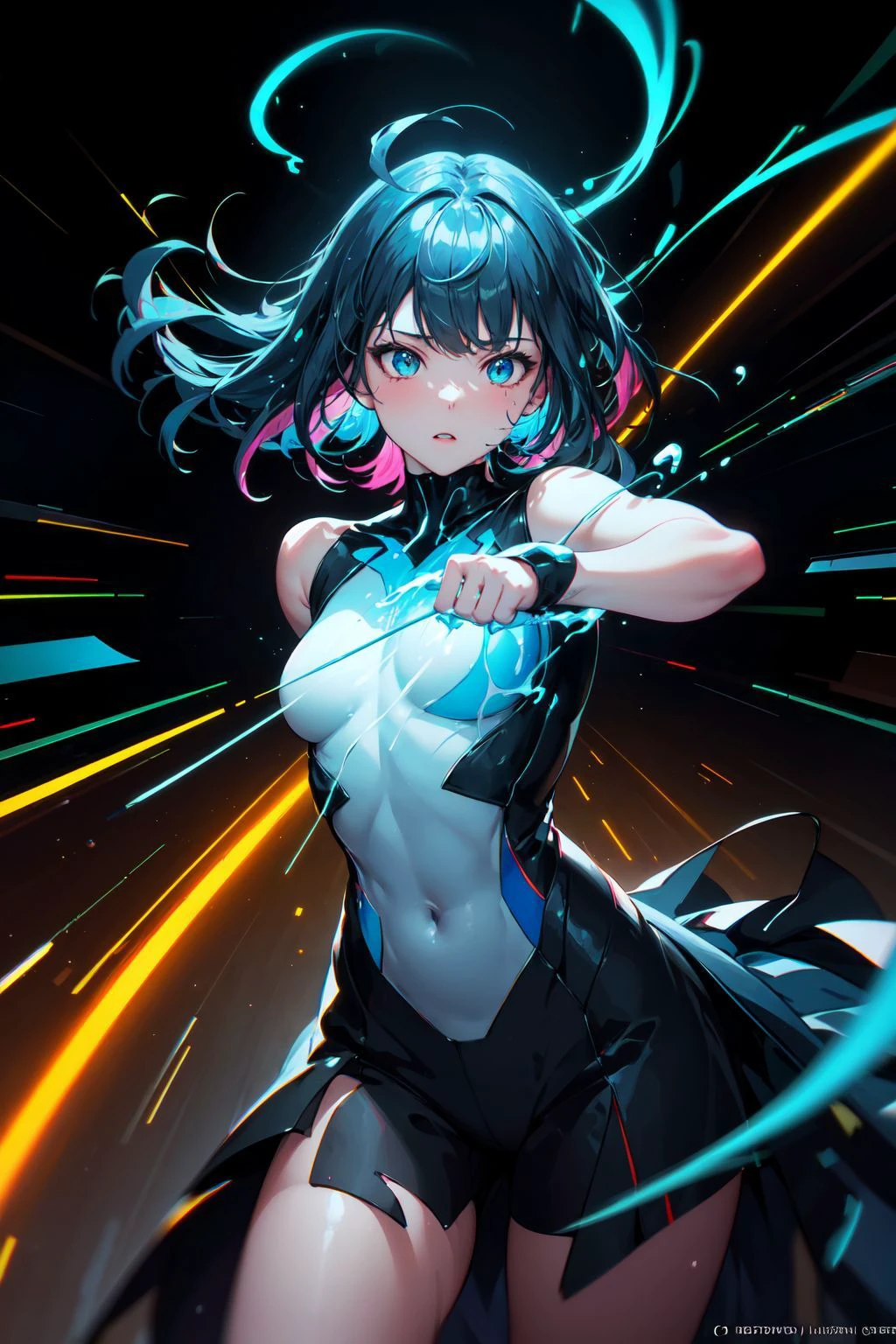 (masterpiece, best quality, chromatic aberration), light painting, (long exposure:1.2), dynamic streaks, luminous trails, vibrant colors, fluid movement, captivating patterns, creative experimentation, (1girl), (highest detailed), (cowboy shot:1.2), dynamic pose