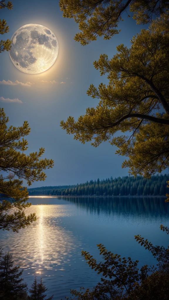 high quality, high resolution, extreme detail, masterpiece, forest, lake, moonlit trees, moon, <lora:Moon_LoRA:0.7>, volumetric shading, <lora:more_details:0.6>