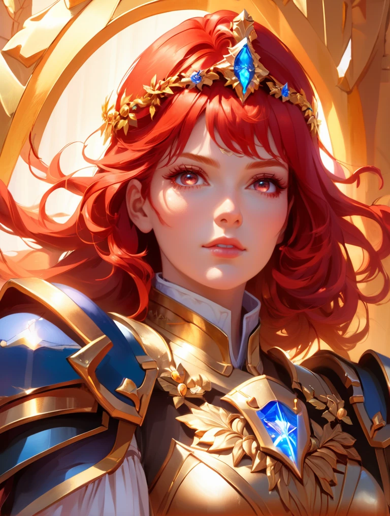 (masterpiece, best quality), anime, anime style, illustration, , of a female, dressed as a Paladin guard <lora:RPGGuard:.9>, with red hair, with a female , wearing a wreath, close-up, sat, concept art, cinematic, volumetric lighting, highly detailed, 8k