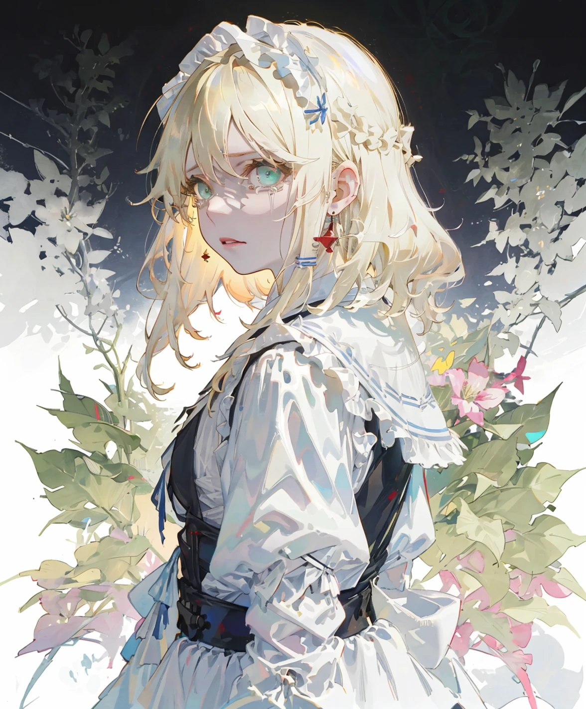 detailed, ultra-detailed, masterpiece, 8k wallpaper,watercolor ,white theme,(sshfstyle:1.2),Moody Lighting,Soft Lighting,Volumetric Lighting
<lora:ssstyle:0.8>
dramatic angledynamic angle
,(detailed face depiction),from side,1girl,((close up)),a girl,tears,sad,closed mouth,((blonde hair)),short hair, ((upper body:1.2)),Floating hair,green eyes,((maid)),maid dress,maid headdress,fine fabric emphasis, simple background, white background, small breasts, side braid,red lips,earrings,, bangs, looking away,