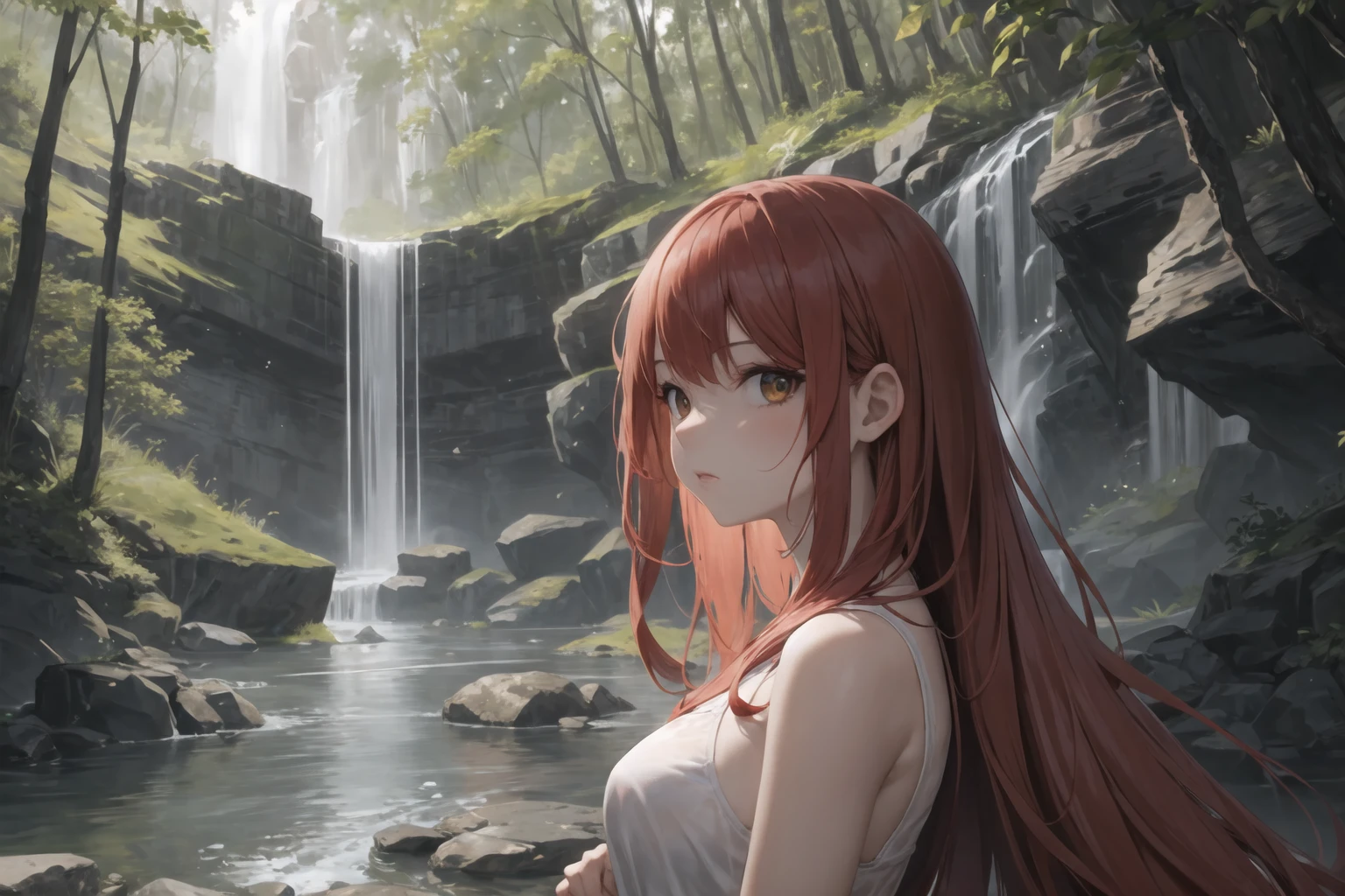 masterpiece, best quality, 1girl, long red hair, waterfalls, forest, rocks
