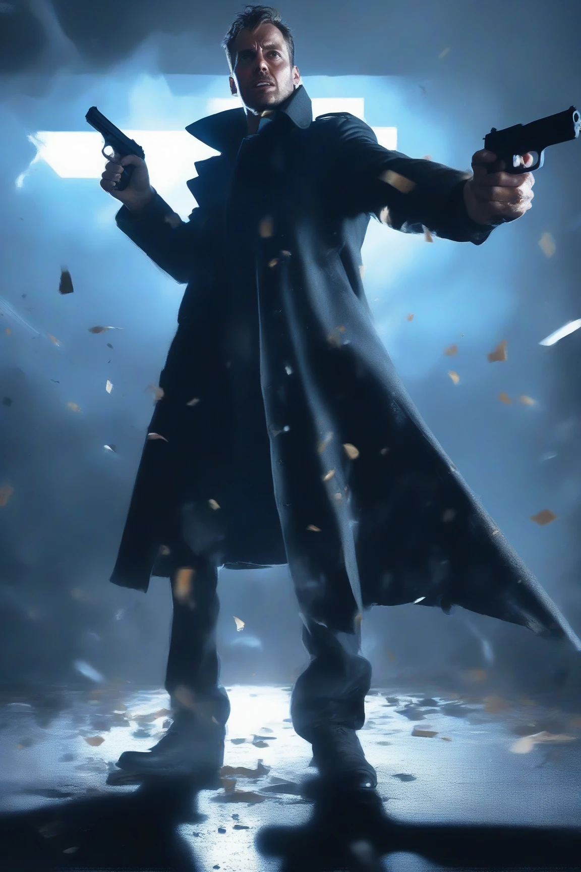 zdyna_pose, dutch angle, from below, foreshortening, man in trenchcoat standing above viewer in a zdyna_pose pointing a pistol at viewer in a low camera angle actions scene, foreground objects dust and volumetric lighting, bright cinematic lighting