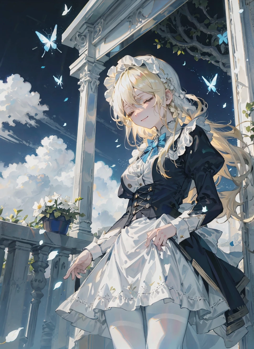 detailed, ultra-detailed, masterpiece, 8k wallpaper,watercolor ,white theme,(sshfstyle:1.2),Moody Lighting,Soft Lighting,Volumetric Lighting
<lora:ssstyle:0.8>
dramatic angledynamic angle,(from below:1.3),
1girl, solo,blonde hair,side braid,white pantyhose,closed eyes,light smile,floating hair,maid,maid headdress,large breasts, (from outside:1.3),flower,spring \(season\),leaf,standing, cowboy shot, , fluttering petals, dappled sunlight, window,garden, outdoors, blue sky, cloud, road, butterfly, glowing, white pantyhose