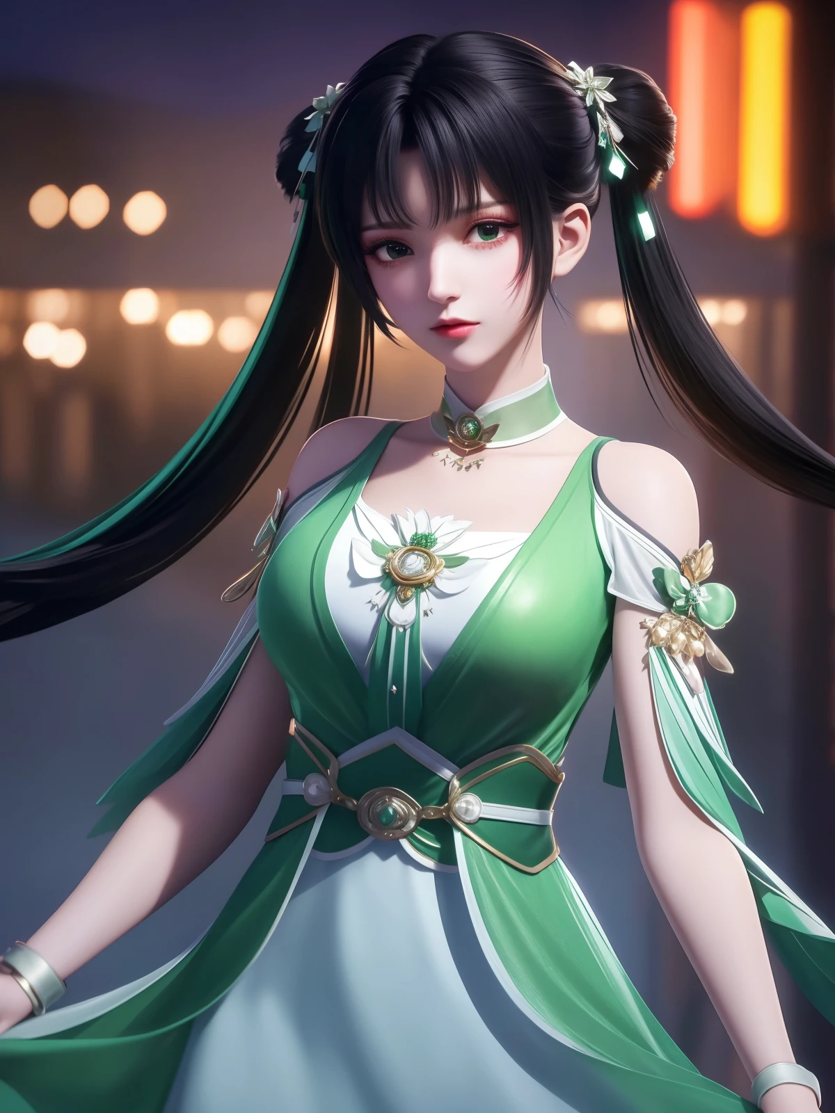 <lora:ZXbiyao_20230802211004:0.78>,1girl,cityscape,night,looking at viewer,hair ornament,twintails,white green dress,collar,clothing cutout,jewelry,shirt,trim,belt,shoulder cutout,choker,black hair,aged down,cowboy shot,obi,
