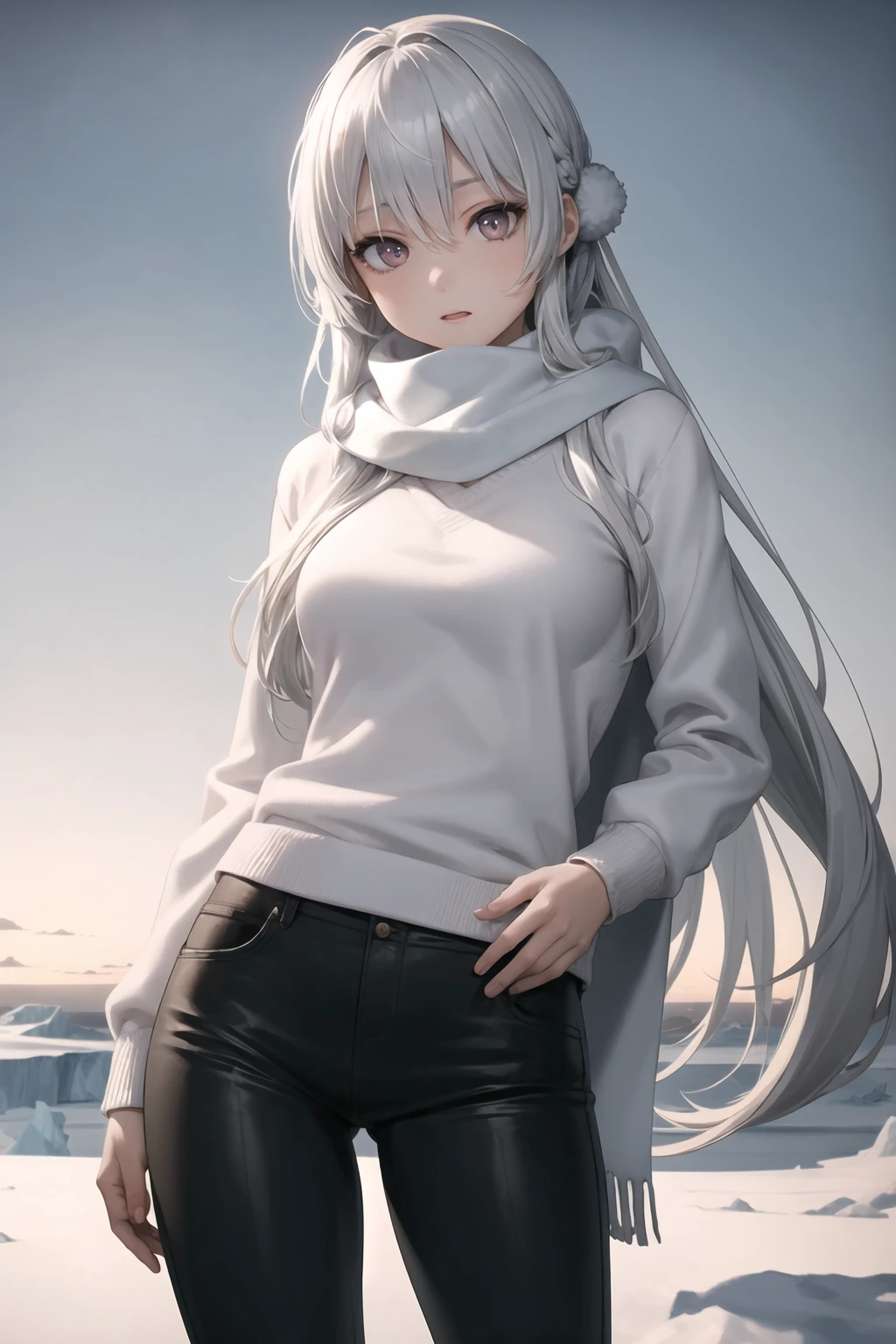 masterpiece, best quality, 1girl, very long white hair, silver eyes, pants, arctic, ice sheet, white sweater, scarf, hands at there side,