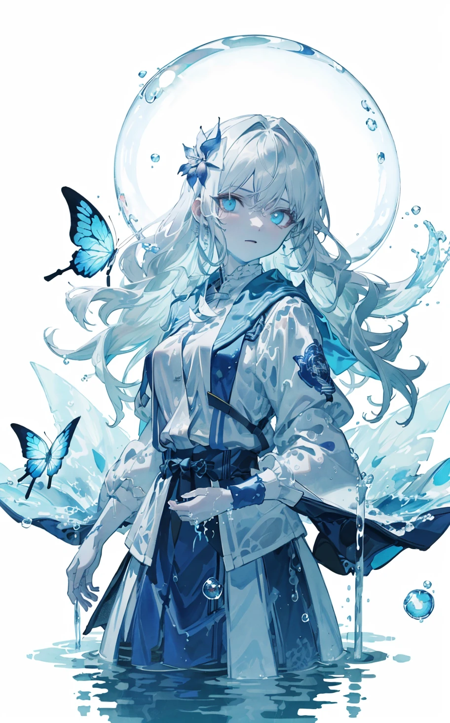 detailed, ultra-detailed, masterpiece, 8k wallpaper,watercolor ,white theme,(sshfstyle:1.2),Moody Lighting,Soft Lighting,Volumetric Lighting
<lora:ssstyle:0.8>
dramatic angledynamic angle
,(white background:1.2)
1girl,serafuku,skirt,cowboy shot,long hair,light simle,light bush,((Bubble)),Floating flower,wet clothes,,flowers,butterfly,((water)),caustics,blue theme,an extremely delicate and beautiful girl, 8k wallpaper,masterpiece,best quality,daylight,sunlight,,best shadow,
