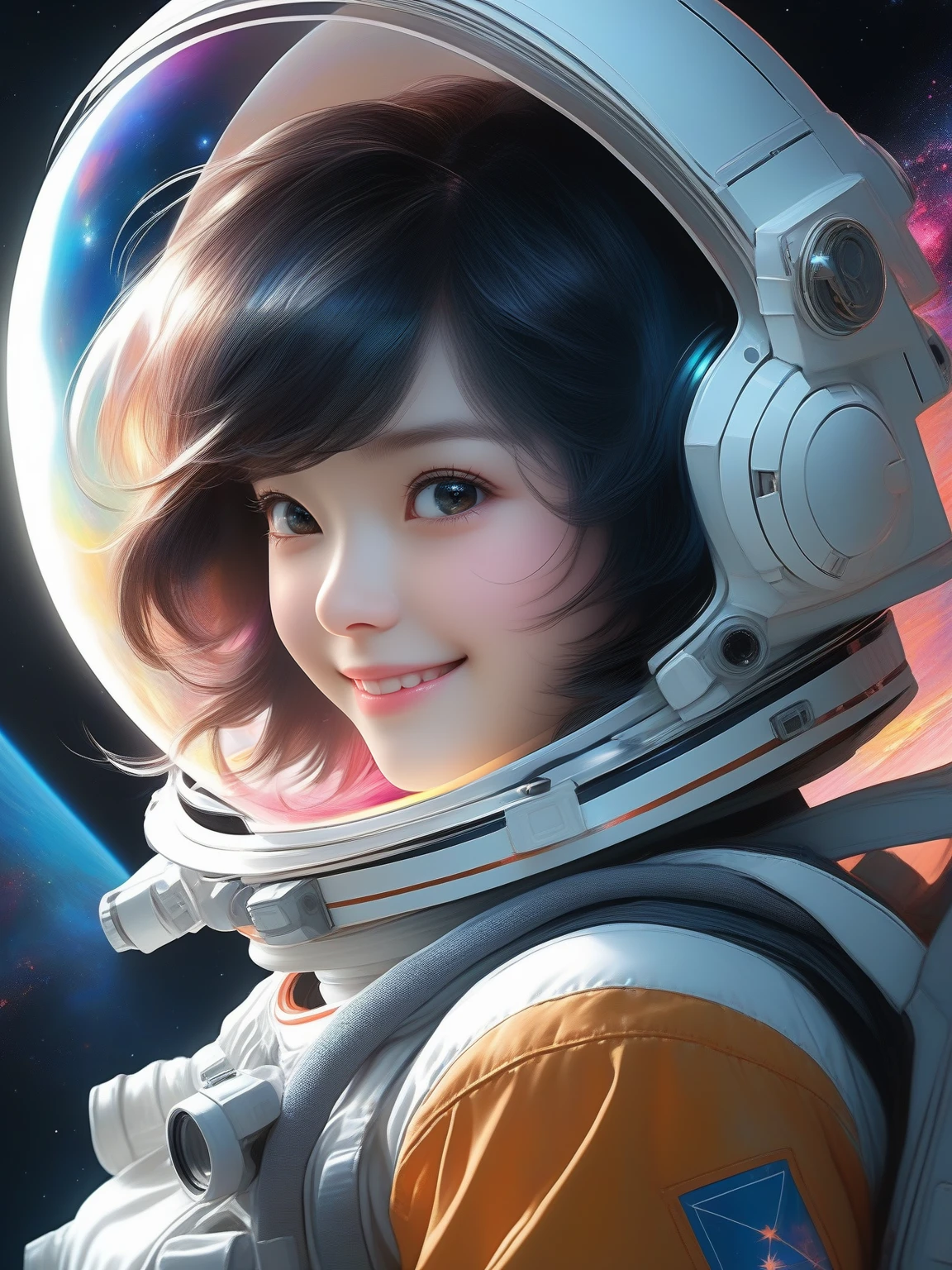 masterpiece, best quality, Half body portrait, 1girl, anime, 3D, realistic, teen girl, smiling, cute face, short hair, astronaut helmet, starry universe background, true light, bodysuit, beautiful, sexy, colourful, nsfw, smooth skin, illustration, by stanley artgerm lau, sideways glance, foreshortening, extremely detailed, high resolution, ultra quality, glare, Iridescent, Global illumination, realistic light and shadow, hd,