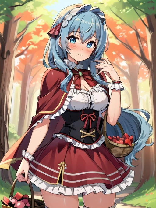 best quality, masterpiece, highres, detailed, perfect anatomy,  (1girl, blue hair, long hair, mature female, blue eyes, medium breasts, coralVanguard),  <lora:Detail - ???_detail:0.2>,  cowboy shot, happy, blush, <lora:Character - CoralV4:0.6>,  <lyco:Change - RedRidingHood:0.8>, RedRidingHoodCh, red capelet, red cape, frills, red dress, corset, forest, happy, blush, basket,