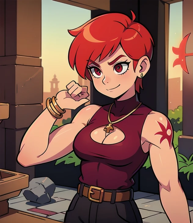 female focus, solo, upper body, 1girl, human, sorcerer, (medium_breasts:1.1), muscular, abs, biceps, (tan skin:1.1), red pixie cut hair, (tattoos:1.1), blood red eyes, (scowling:0.8), half smile, ruby pendant, jewelry, red sleeveless shirt, cleavage cutout, black pants, belt, indoors, (crystals:0.9), (blood:1.1), ancient temple, (sun symbol:1.1), fire symbol, blood magic, stone altar, (runes:1.1), statues, pillars, underground, detailed background, DnD,