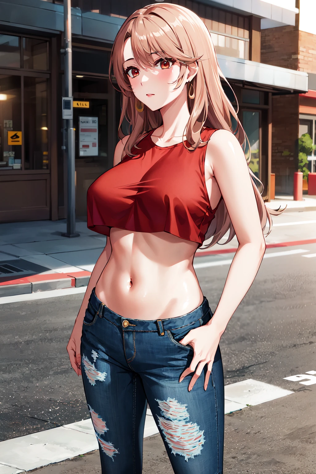 masterpiece, best quality, highres, aamiyako, long hair, jewelry, earrings, <lora:saitou_miyako_v1:0.7>, red shirt, underboob, crop top, sleeveless, jeans, torn jeans, street,