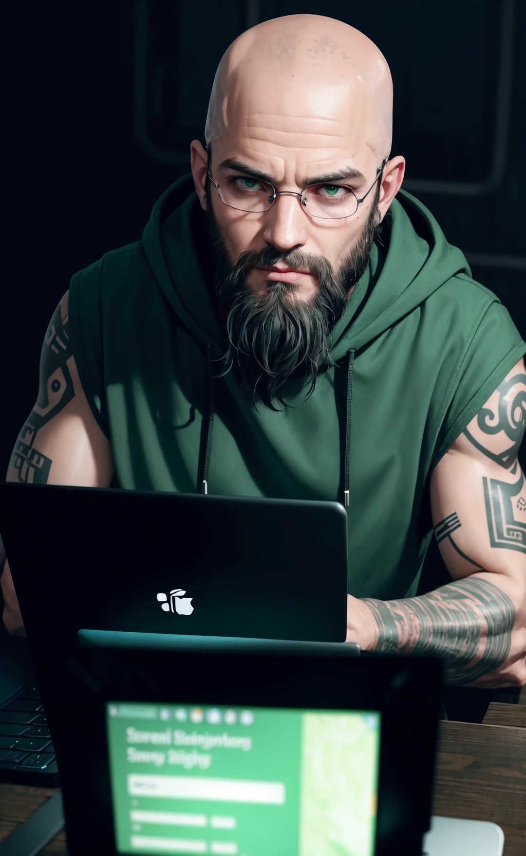 male character bald, beard, tattoo, brutal, messing with laptop, cyberpunk, dark GREEN, hooded,