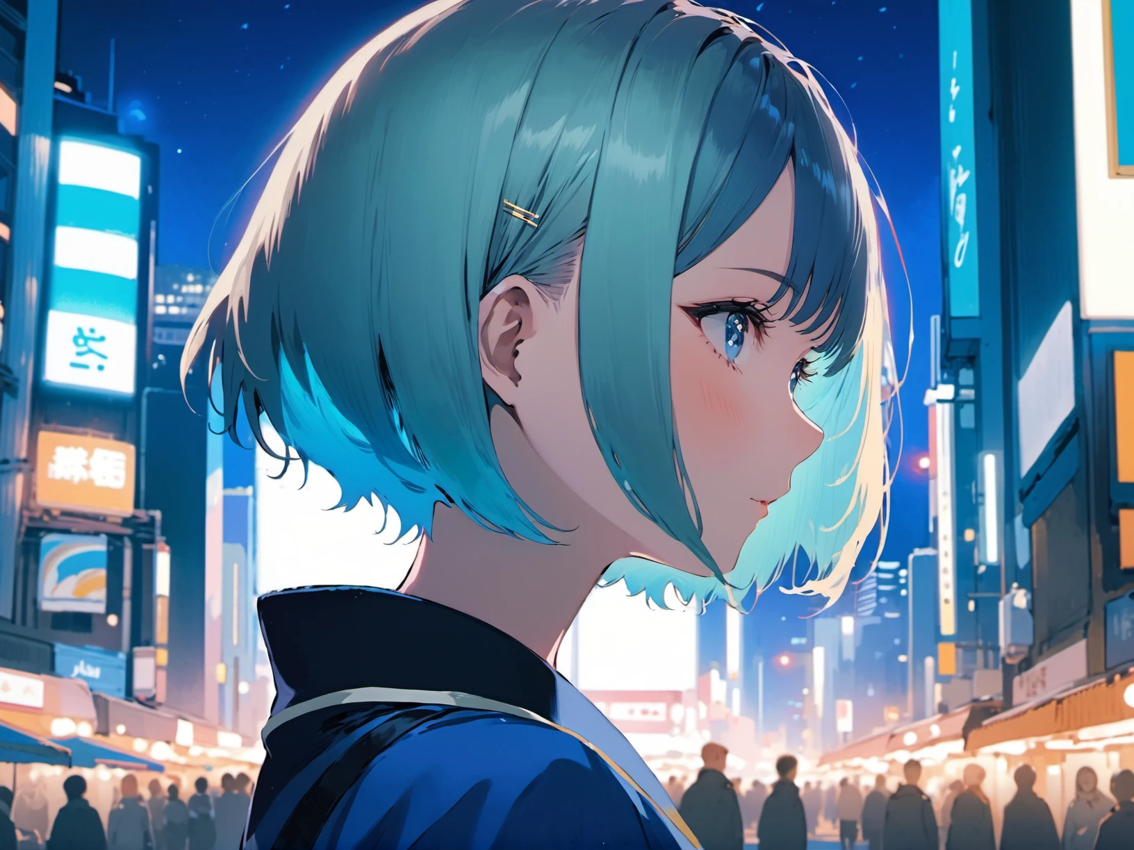 1girl, blue,aqua , short hair, hair bun hair, , garment, classical Akihabara city midnight, on screen of smartphone camera app frame,