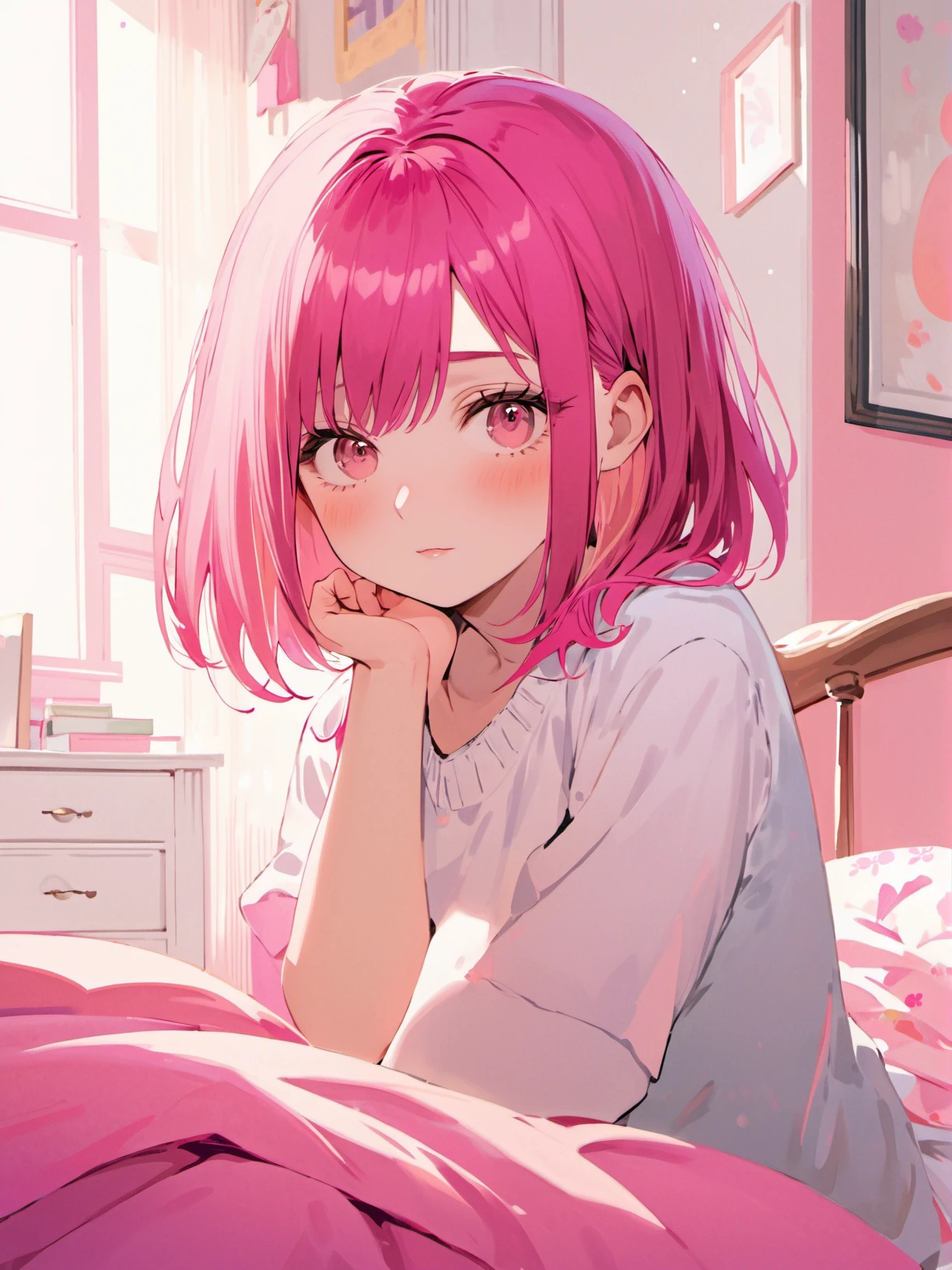 1girl, magenta,peach , medium hair, , bedroom