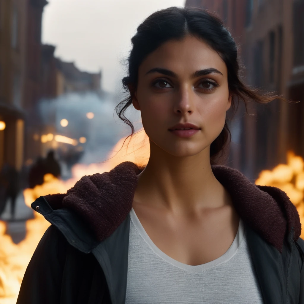 morena_baccarin, <lora:MorenaBaccarinXL:1>, a close up photo of a mature woman, white pants, shirt, hoodie, jacket, fire, smoke, fog, night street, destroyed buildings, (city), light effects, swirling light around the character, depth of field,light particles,magic circle, ash particles, dulux, (masterpiece, best quality, ultra-detailed, best shadow), high contrast, (best illumination), ((cinematic light)), colorful, hyper detail, dramatic light, intricate details, (1 girl, solo) , ultra detailed artistic photography, dreamy, backlit, shadows, ultra high definition, 8k, ultra sharp focus, ultra high quality model, soft lighting, film photography, analogue photography, hyperrealism,, , ((sharp face, detailed face, realistic face, naturtal skin, realistic skin, detailed skin, pores, sharp eyes, detailed eyes,realistic eyes)),