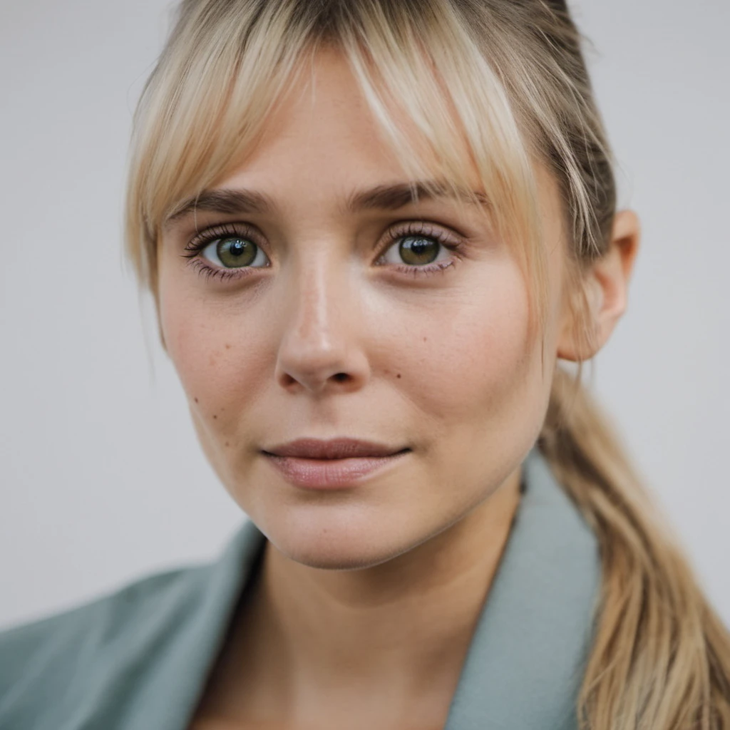 High quality photo portrait of a woman with her blonde hair in a high ponytail wearing almost no makeup, natural, skin texture visible, Nikon, sharp focus, natural lighting