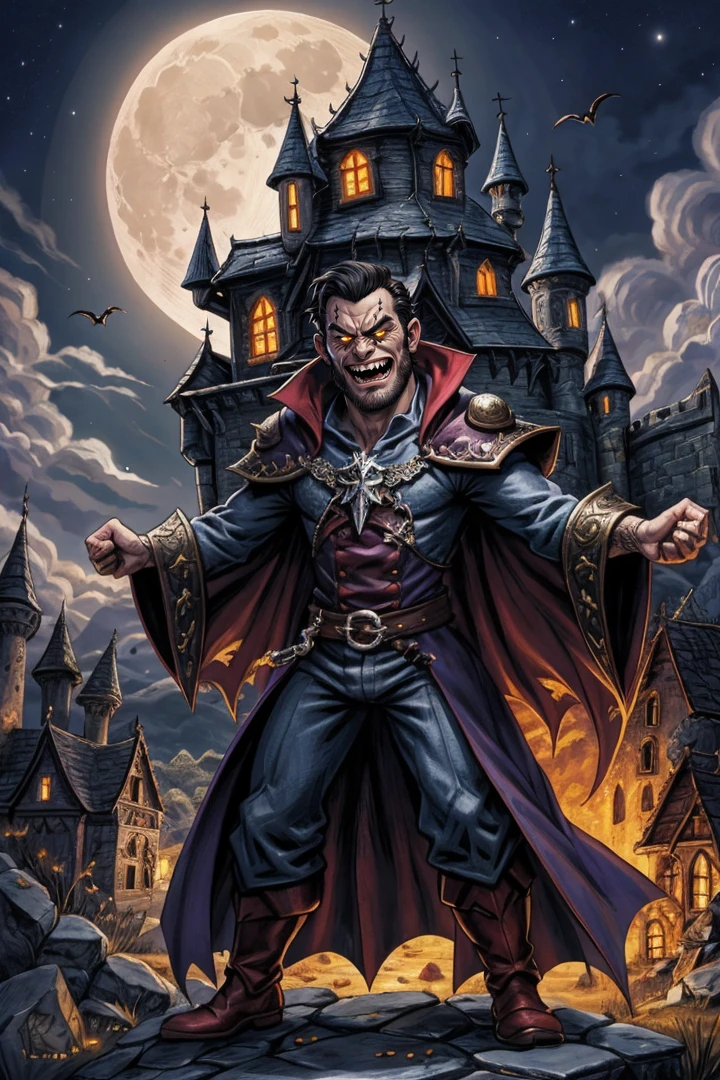 close-up a angry evil smiling vampire standing,castle night moon