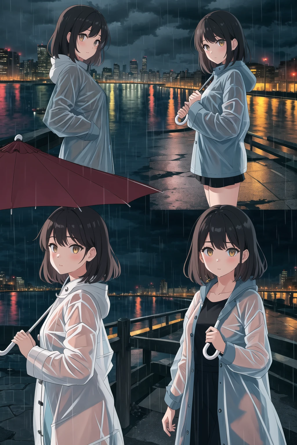 masterpiece, best quality, zooming out, multiple views, 1girl, medium hair, raincoat, umbrella, rain, cityscape, night, ruins