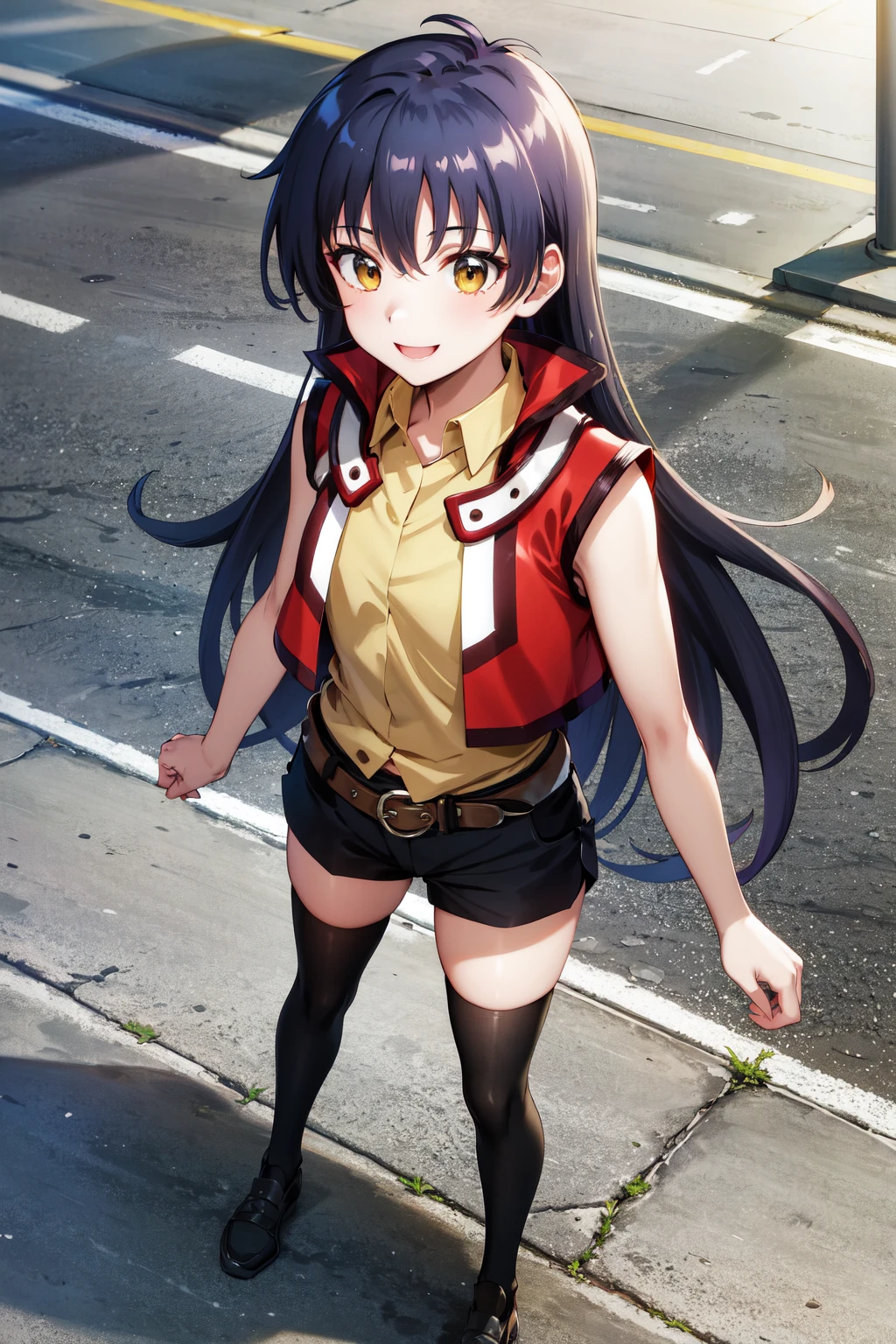 masterpiece, best quality, highres, hmrei, long hair, red jacket, collared shirt, yellow shirt, sleeveless, belt, black shorts, black thighhighs, <lora:saotome_rei_v1:0.7>, standing, from above, smile, street