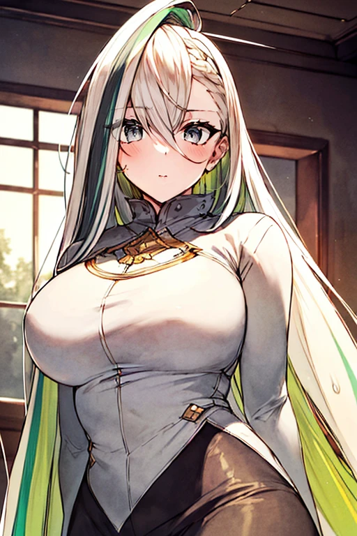 ((masterpiece)), ((best quality)), (ultra-detailed), absurdres, extremely detailed CG unity 8k wallpaper, Official Art, Accurate describe shapes, ((anime screencap)), ((beautiful face, detailed hands, glowing eyes, expressive eyes)), upper body, close-up, solo, (indoors, scenery, dramatic light, illustration:1.1), (standing, arm at side, slime:1.2), (1girl, mature female, curvy, large breasts, narrow waist, multicolored hair, green hair, white hair, streaked hair, grey eyes, very long hair:1.4), white shirt, pencil skirt:1.3), , huyan zhuo (fate), ((masterpiece)), absurdres, HDR, <lora:Huyan Zhuo - FGO V2:0.7>