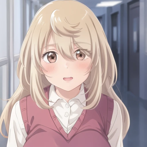 (masterpiece, best quality:1.2),illustration,8k,hd,1girl,upper body,(portrait:1.2),long_hair,blush,smile,bangs,blonde_hair,collared_shirt,hair_between_eyes,brown_eyes,school_uniform,white_shirt,sweater_vest,pink_vest,black_socks,shoes,pleated_skirt,plaid_skirt,grey_skirt,<lora:Ookami Hinako-V1:0.9>,