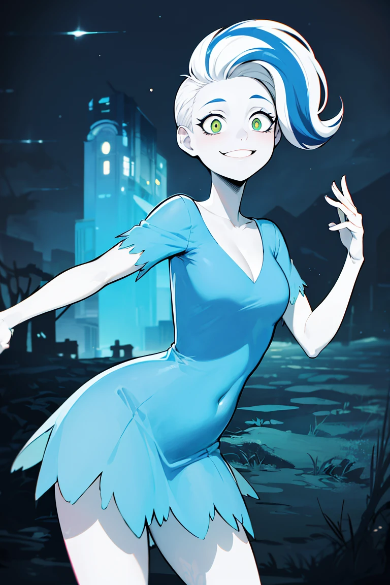 ((masterpiece,best quality)), absurdres, <lora:Phantasma_Ghoul_School:0.6>, Phantasma_Ghoul_School, solo, blue dress, smiling, looking at viewer, cowboy shot, cinematic composition, dynamic pose