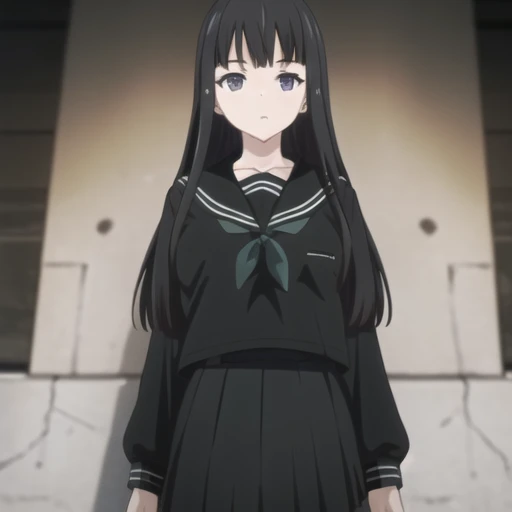 (masterpiece, best quality:1.2),illustration,8k,hd,1girl,solo,cowboy shot,long_hair,black_hair,school_uniform,collarbone,blunt_bangs,black_eyes,black_serafuku,black_skirt,long_sleeves,pantyhose,pleated_skirt,neckerchief,hime_cut,<lora:hakuya>,