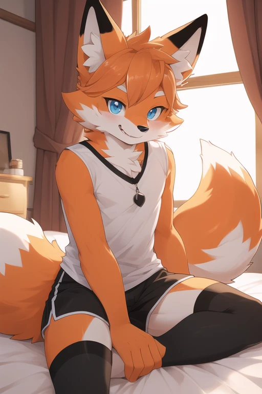 (best quality, highest quality, highres, 8k, anthropomorphic, furry, high detail, uploaded_on_e621:1.4), 1boy, fox, otoko no ko, orange fur, blue eyes, thick thighs, tall, inside, bedroom, blue eyes, white t shirt, black shorts, black thigh highs, sitting on bed, looking at viewer, smiling,