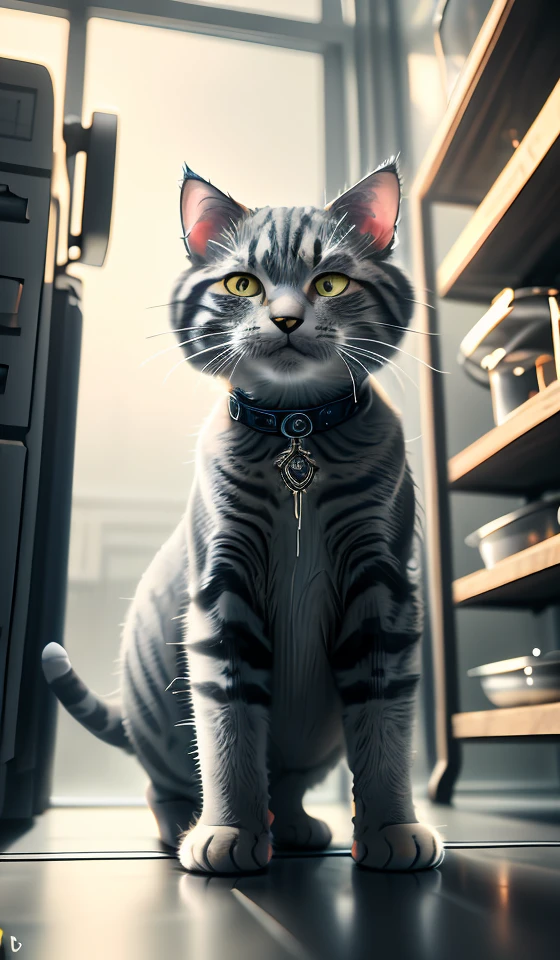 close-up photography of (grey tabby cat:1.2), cooking fish, (c4ttitude:1.3), in glasstech kitchen, hyper realistic, intricate detail, (foggy:1.1), <lora:GlassTech-20:0.8>, pov from below