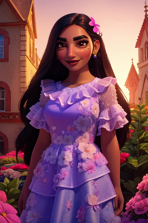 Isabela,long hair,black hair,brown eyes,mole under eye, thick eyebrows, eyelashes, purple hair flower, smile,
purple dress,jewelry,floral print,frills , standing, cowboy shot,
morning, garden, large home,
(insanely detailed, beautiful detailed face, masterpiece, best quality) cinematic lighting, <lora:IsabelaMadrigal:0.8>