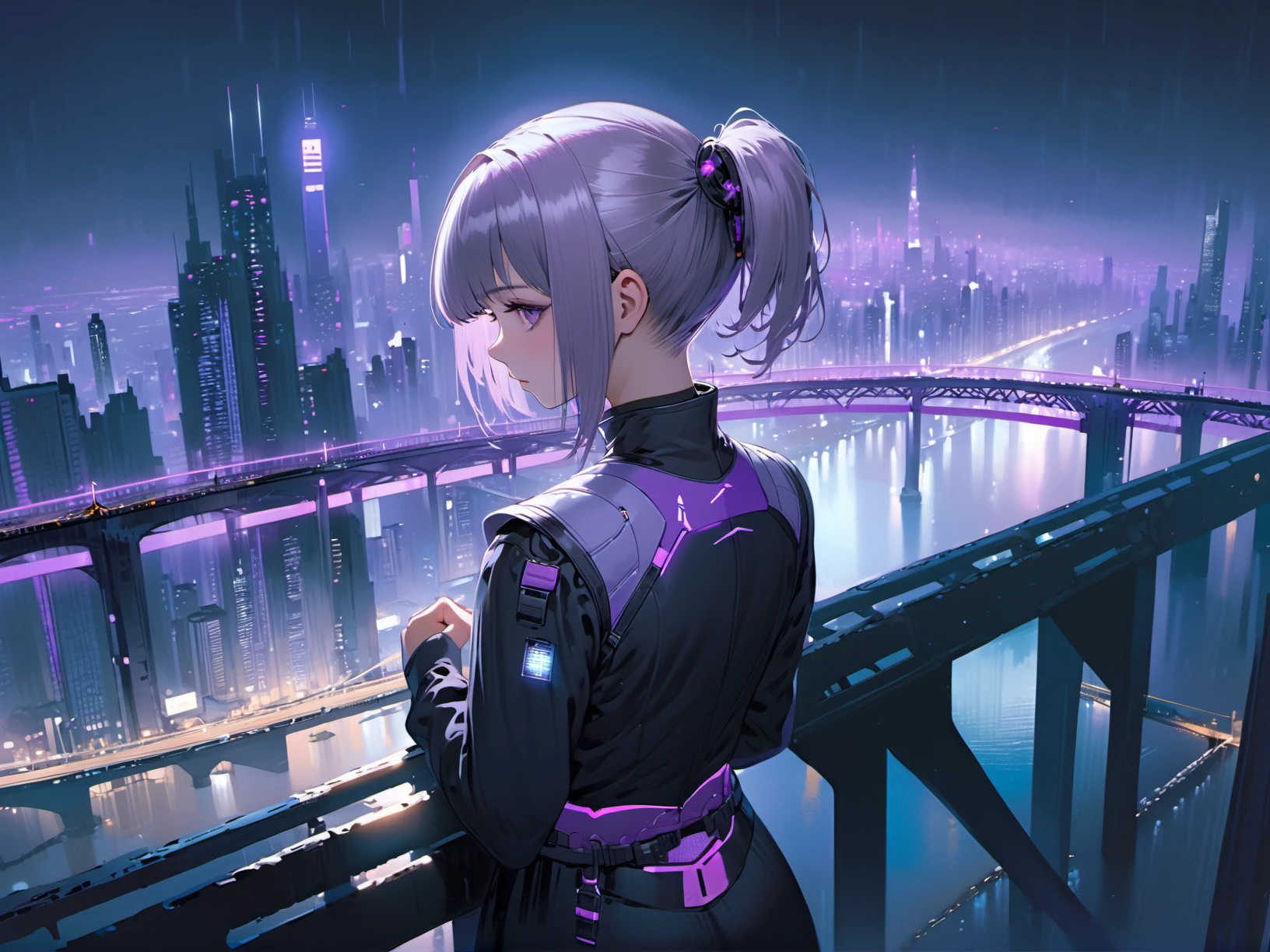 1girl, light purple,grey , medium hair, short ponytail hair, , formal, cyberpunk bridge midnight, very wide shot,