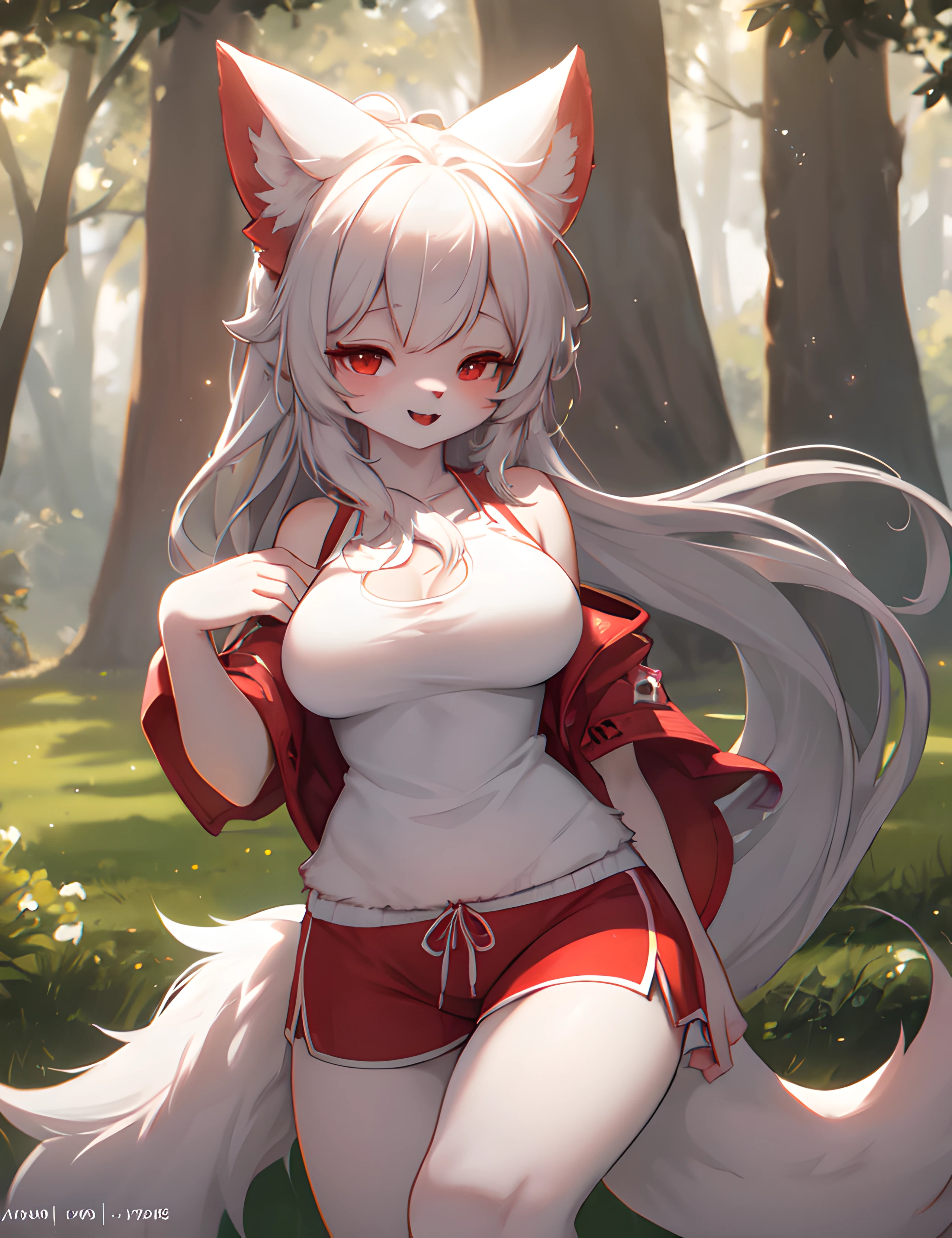 furry, white fur, tail, red elements on fur, normal breasts, beautiful front view, pov, summer shirt, summer shorts, close-up, sitting, hand on breasst, blush, ahegao, paw pose, summer, night, beautiful lights and shadows, ambient light, ultra detailed fur, volumetric light