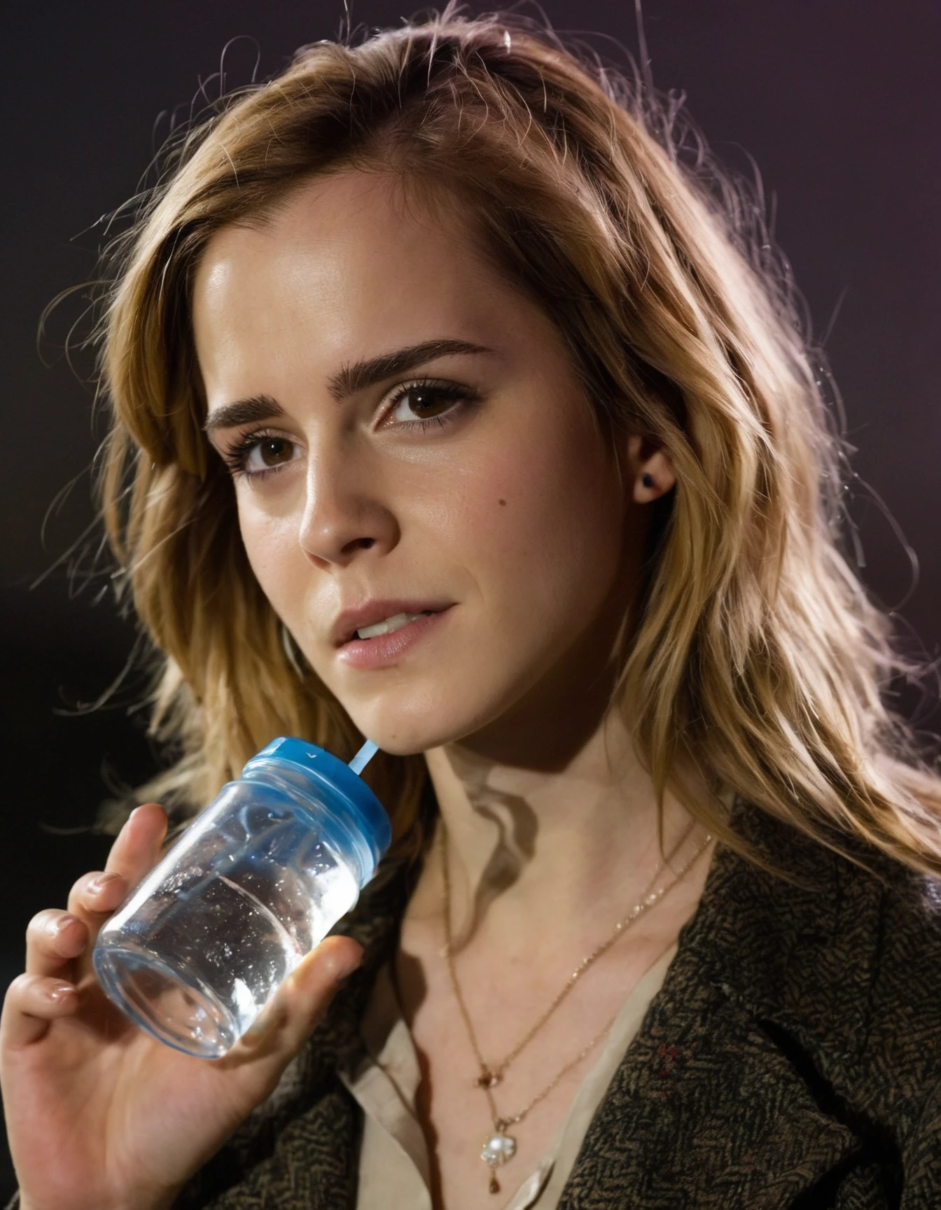 professional fashion close-up portrait photography of a young beautiful ((ohwx woman)) <lora:watson_lora_sdxl_v1-000008:1> at drinking water reservoir during Midnight, Nikon Z9