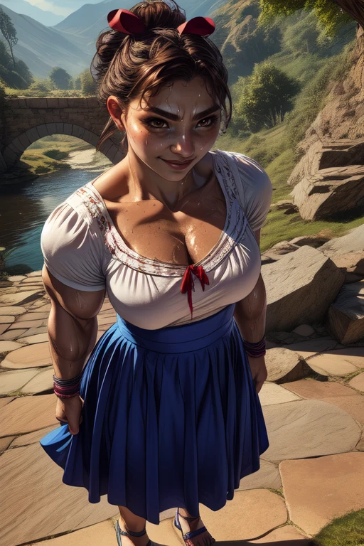 Luisa , brown hair, hair bun with red ribbon, brown eyes, upper body, muscular,  boulders,  sweat,  smirk, 
standing, 
 LuDres , white blouse, blue skirt, blue sandals, cleavage, bracelets, stone bridge, morning, 
 (insanely detailed, beautiful detailed face, masterpiece, best quality) cinematic lighting,  <lora:LuisaMadriga-10v4:0.8>